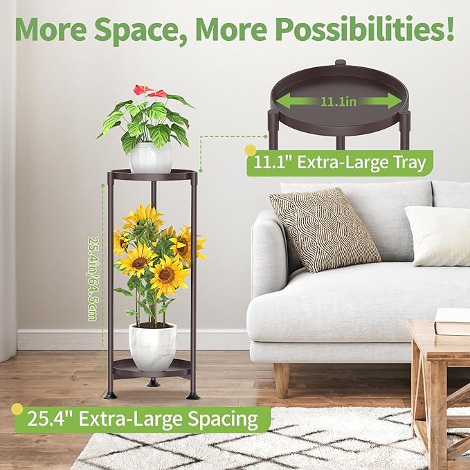 KMOTASUO 2 Tier Plant Stand Indoor for Large Tall Heavy Duty Planter, Multiple Sturdy Metal Flower Corner Rack for Narrow House Floor, Iron Vertical Level Round Orchi Holder Organizer, Bronze