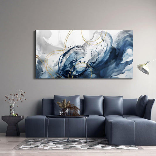 Blue Abstract Wall Art Modern Canvas Art Wall Decor Artwork For Walls Living Room Large Painting Office Pictures For Wall Navy Gold Contempor Decorations For Bedroom Size 20x40