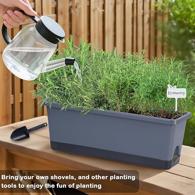 Window Box Planter 4 Packs, 17 Inches Rectangle Flower Pots with Drainage Holes & Trays, Pots for Vegetables, Herbs, Flowers, Garden Windowsill Balcony (Grey, 17 * 5.1 * 6 inch)