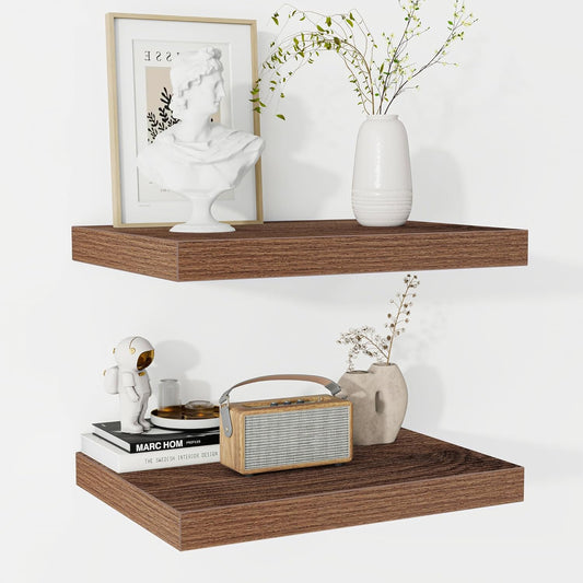 Fun Memories Floating Shelves - 2 Pack 12 Inch Rustic Wooden Wall Shelves - Extra Deeper & Thicker Wall Mounted Storage Shelf for Living Room, Kitchen, Farmhouse - 16" W x 12" D x 1.5" H - Walnut