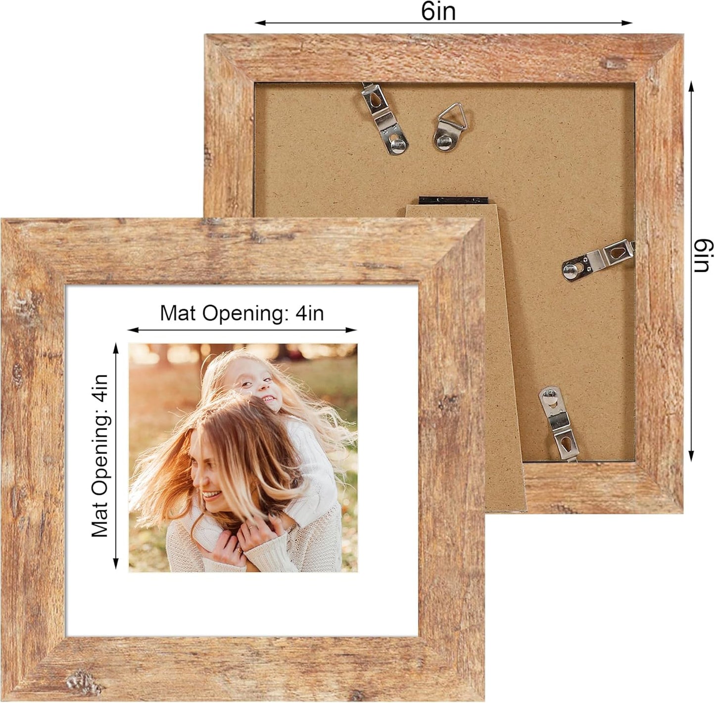 iRahmen 6x6 Picture Frame Set of 4 with Real Glass, Rustic Brown Frames Display 4x4 Picture with Mat or 6 x 6 Without Mat, Square Wood Photo Frame for Wall Mount and Tabletop Display