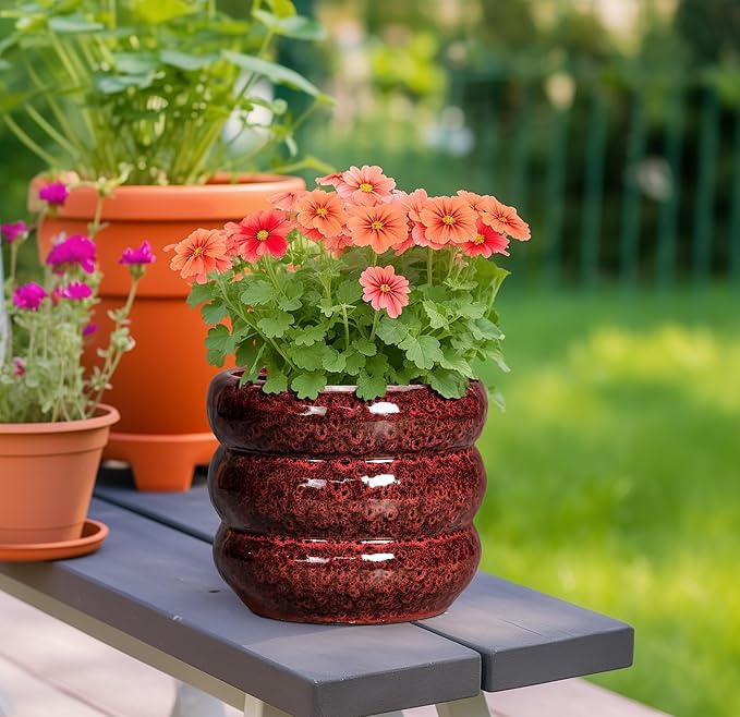 SQOWL Ceramic Flower Pots - 8 Inch Planter for Indoor Plants, Ceramic Plant Pot with Drainage Hole, Bubble Round Planter for Outdoor Plants, Office Home Desk Decor, House Warming Gifts, Red