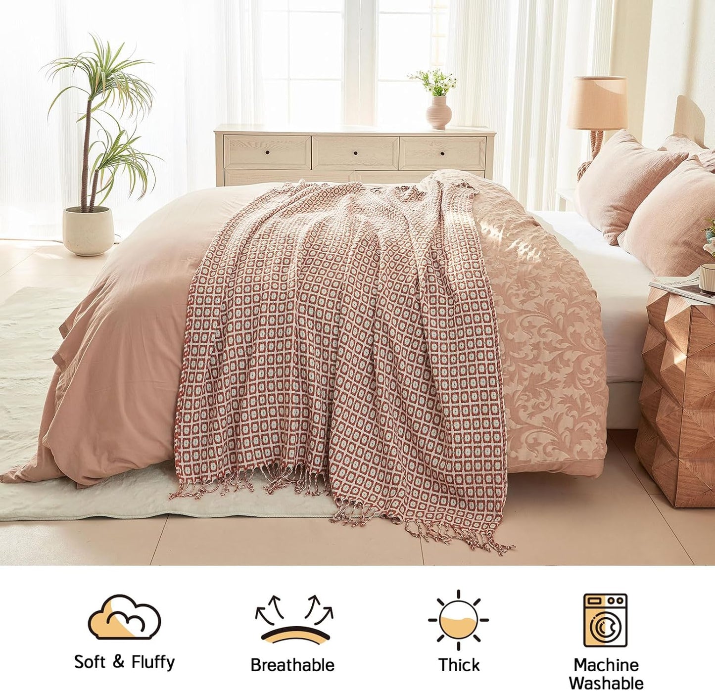 lifein Throw Blanket for Couch - Boho Throw Blanket, Knit Woven Blanket, Soft Decorative Blankets&Throws with Tassels for Bed,Sofa,Chair,Home Decor(50x60in,Rust)