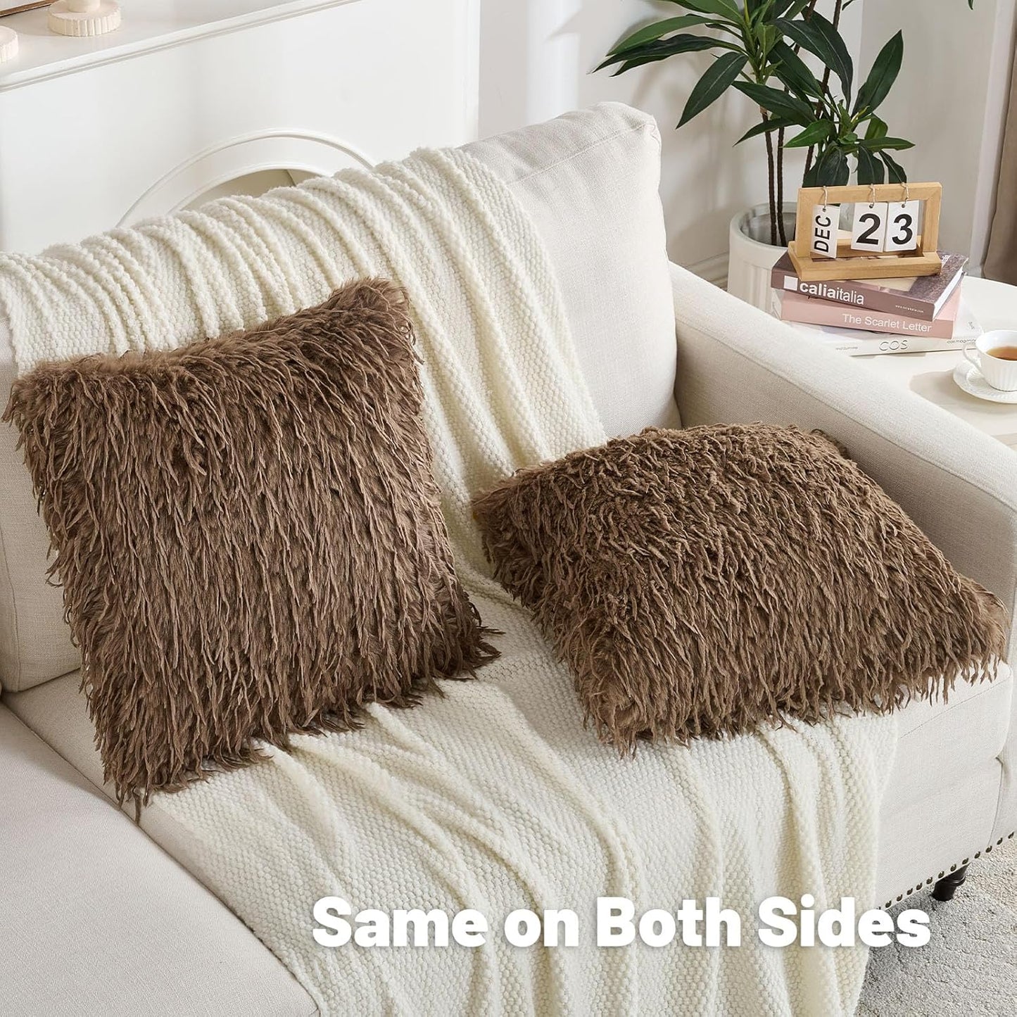FUTEI Brown Decorative Throw Pillow Covers 18x18 Inch Set of 2,Soft Fluffy Faux Feather Texture Cushion Cases,Modern Home Luxury Decor for Couch Bed Living Room