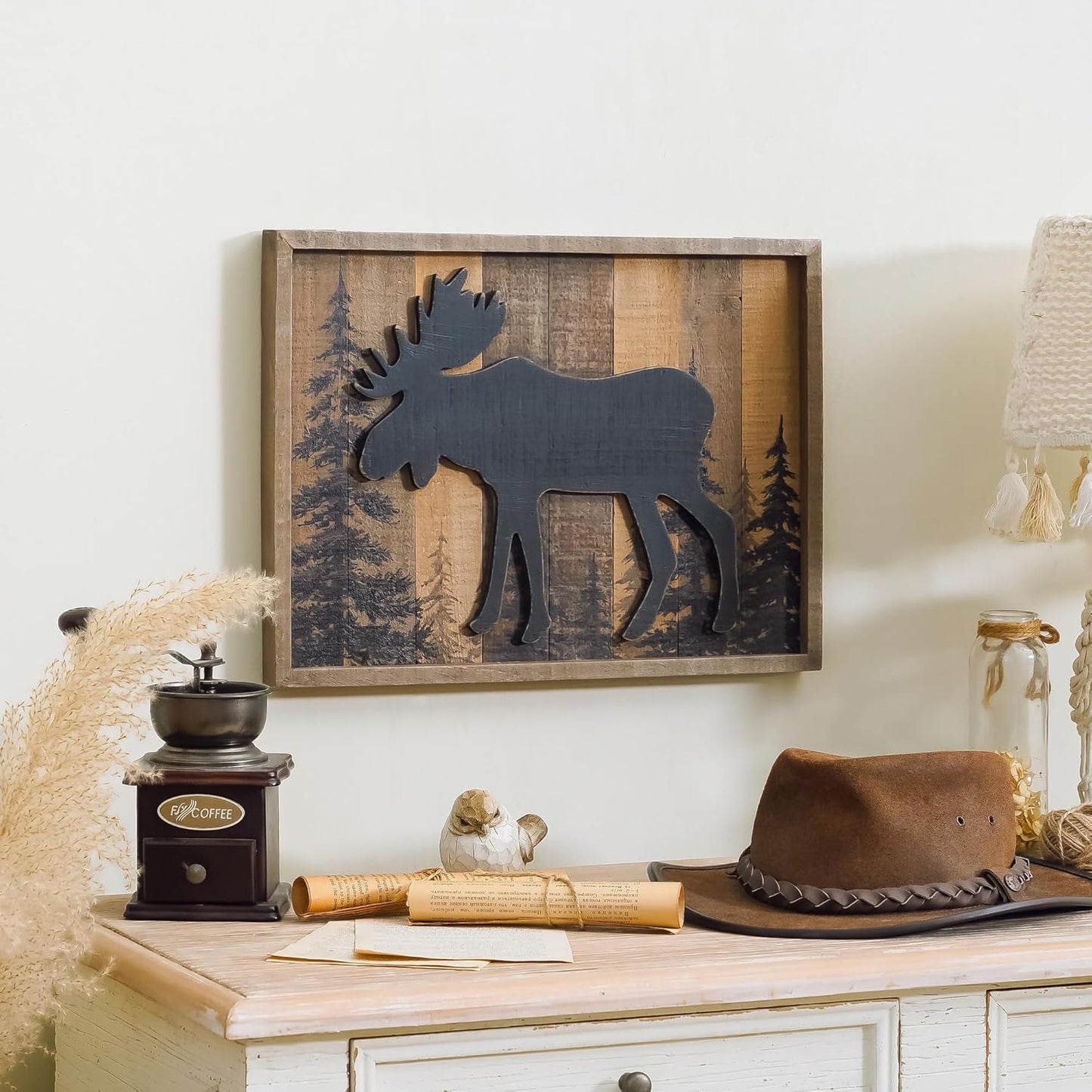 NIKKY HOME Cabin Wall Decor, 3D Moose Solid Wood Forest Mountain Woodland Wildlife Lodge Animal Picture Art Bathroom Decor, 16 x 12 Inches