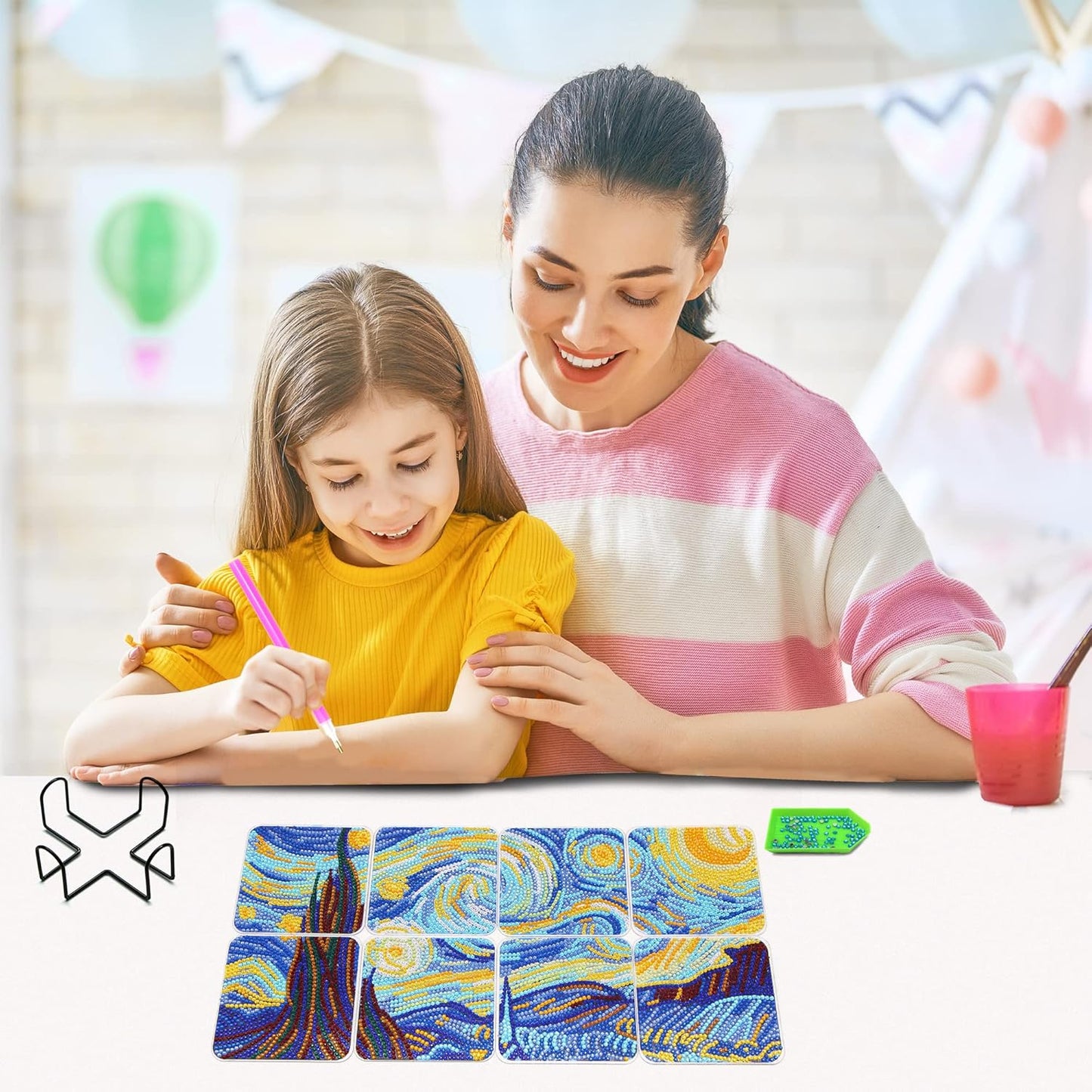 Diamond Art Coasters Kit with Holder, 8 Pcs Diamond Art Coasters for Adults Kids Beginners Crafts Gifts (Starry-Night)