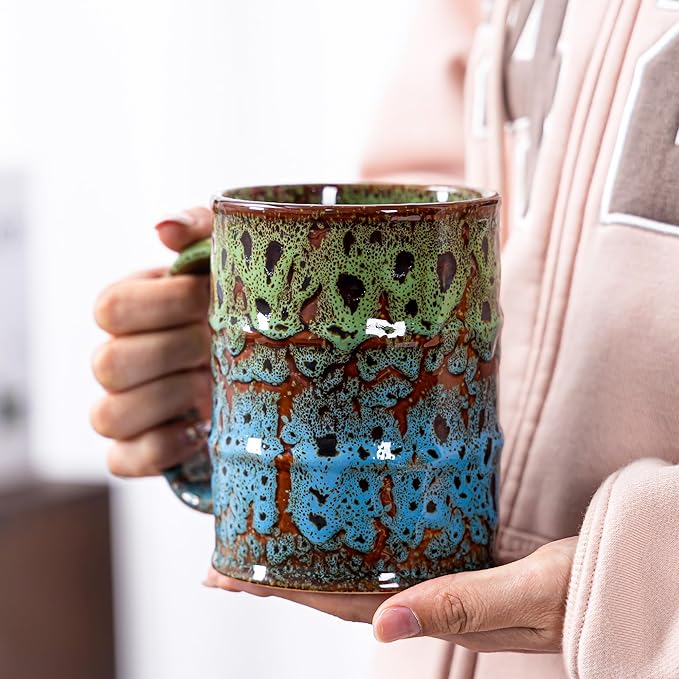 20 Oz Coffee Cups-Beer Mug, Large Ceramic Coffee Mugs, Handmade Pottery Mug, Tea Cups with Handle for Office and Home, Dishwasher and Microwave Safe (Blue & Orange)