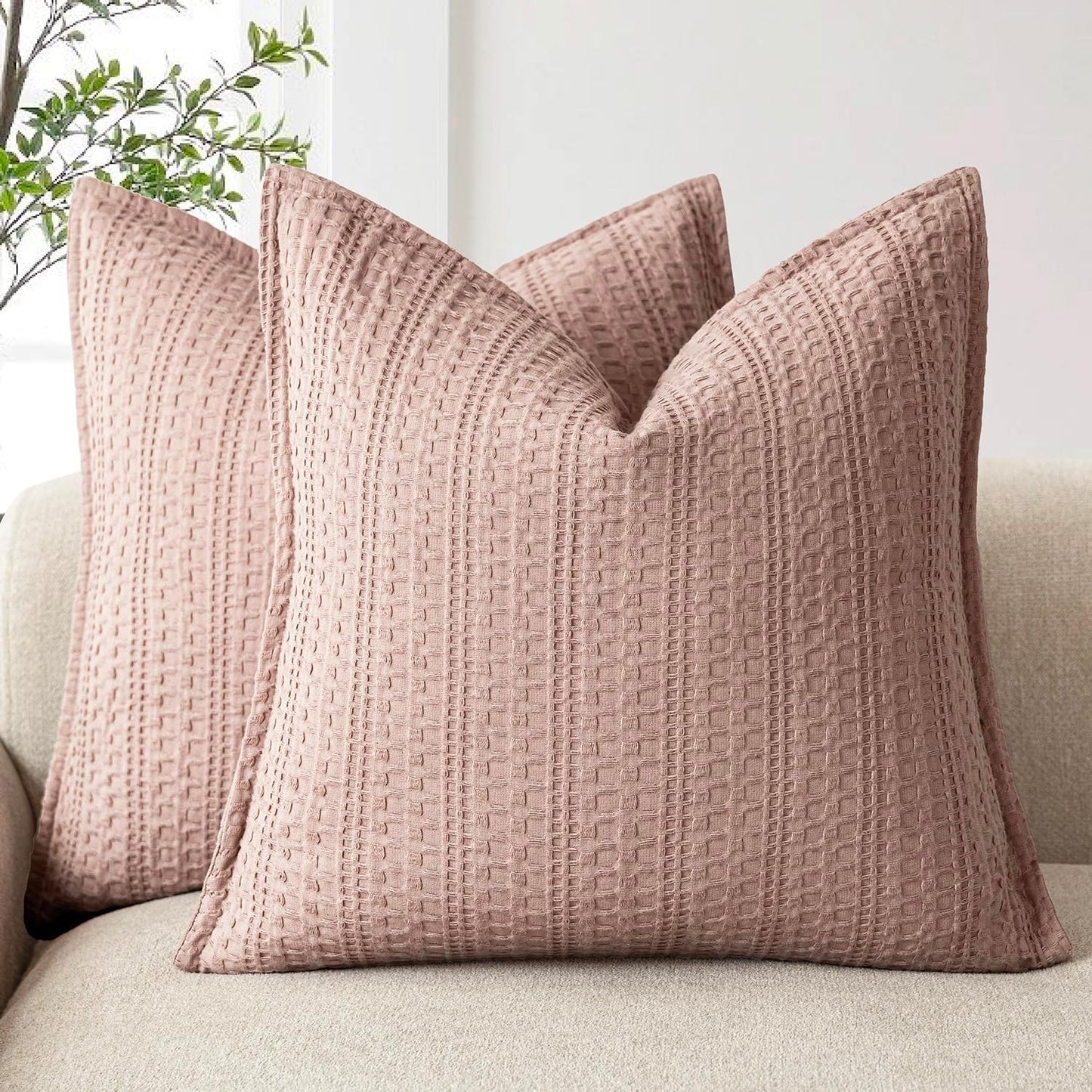 Foindtower Set of 2 Decorative Cotton Waffle Weave Throw Pillow Covers Euro Shams Cushion Covers Accent European Pillowcase for Bed Couch Sofa Bedroom Living Room Home Decor 26×26 Inch Dusty Pink