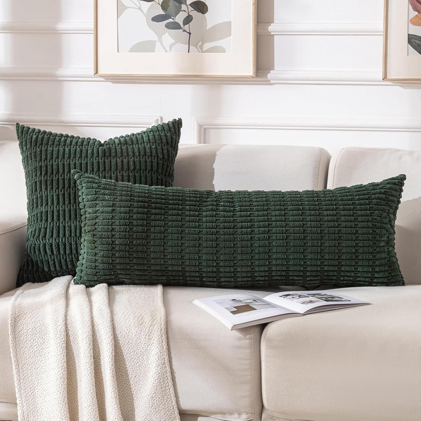 Fancy Homi Dark Green Long Body Lumbar Decorative Throw Pillow Covers 14x36 Inch for Bed Couch Bedroom Bench, Soft Corduroy Rectangle Solid Pillow Case 35x91 cm, Rustic Farmhouse Boho Room Decor