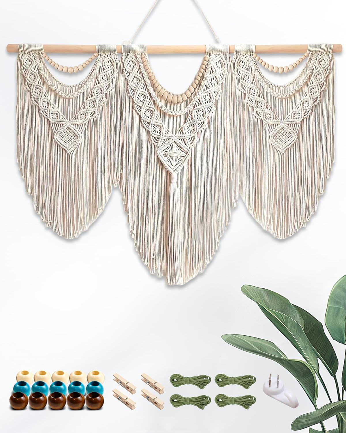Gliterra Large Macrame Wall Hanging Handmade Boho Tapestry 43"x32" - Wall Art Decor with Wooden Beads & Rod for Living Room, Bedroom, Wedding (Includes 3-Color Beads, Clips & Green Cotton Rope)