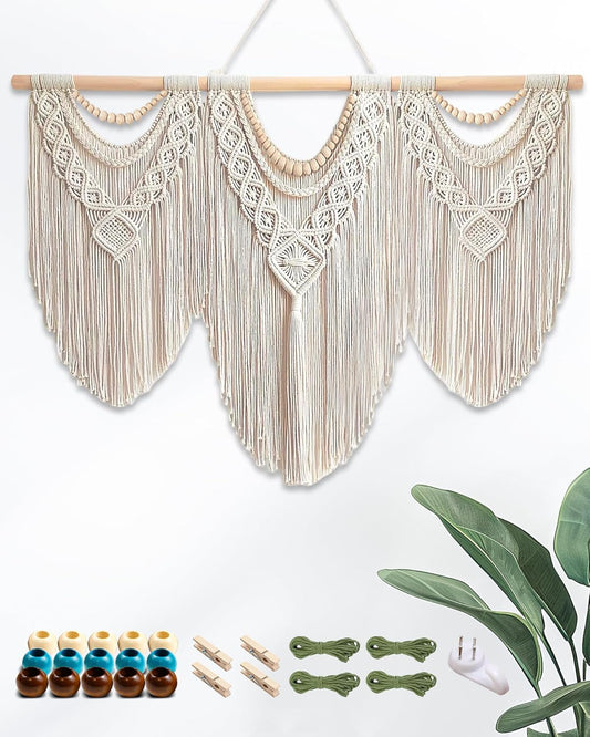 Gliterra Large Macrame Wall Hanging Handmade Boho Tapestry 43"x32" - Wall Art Decor with Wooden Beads & Rod for Living Room, Bedroom, Wedding (Includes 3-Color Beads, Clips & Green Cotton Rope)