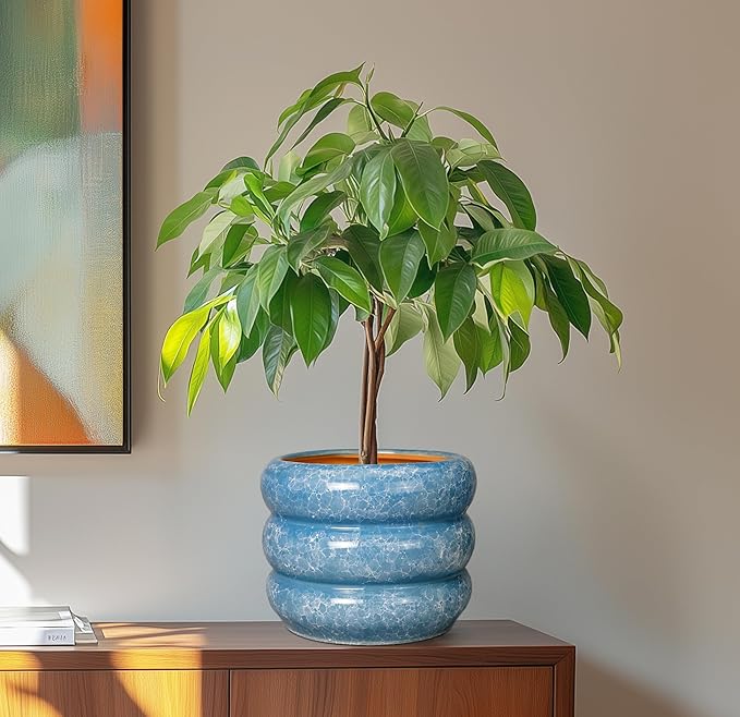 SQOWL 8 Inch Plant Pot with Drainage Hole - Ceramic Pot for Plants Outdoor Planter for Indoor Plants Decorative Plant Pot Medium Flower Pot Round Planter for Bathroom House Decor Blue