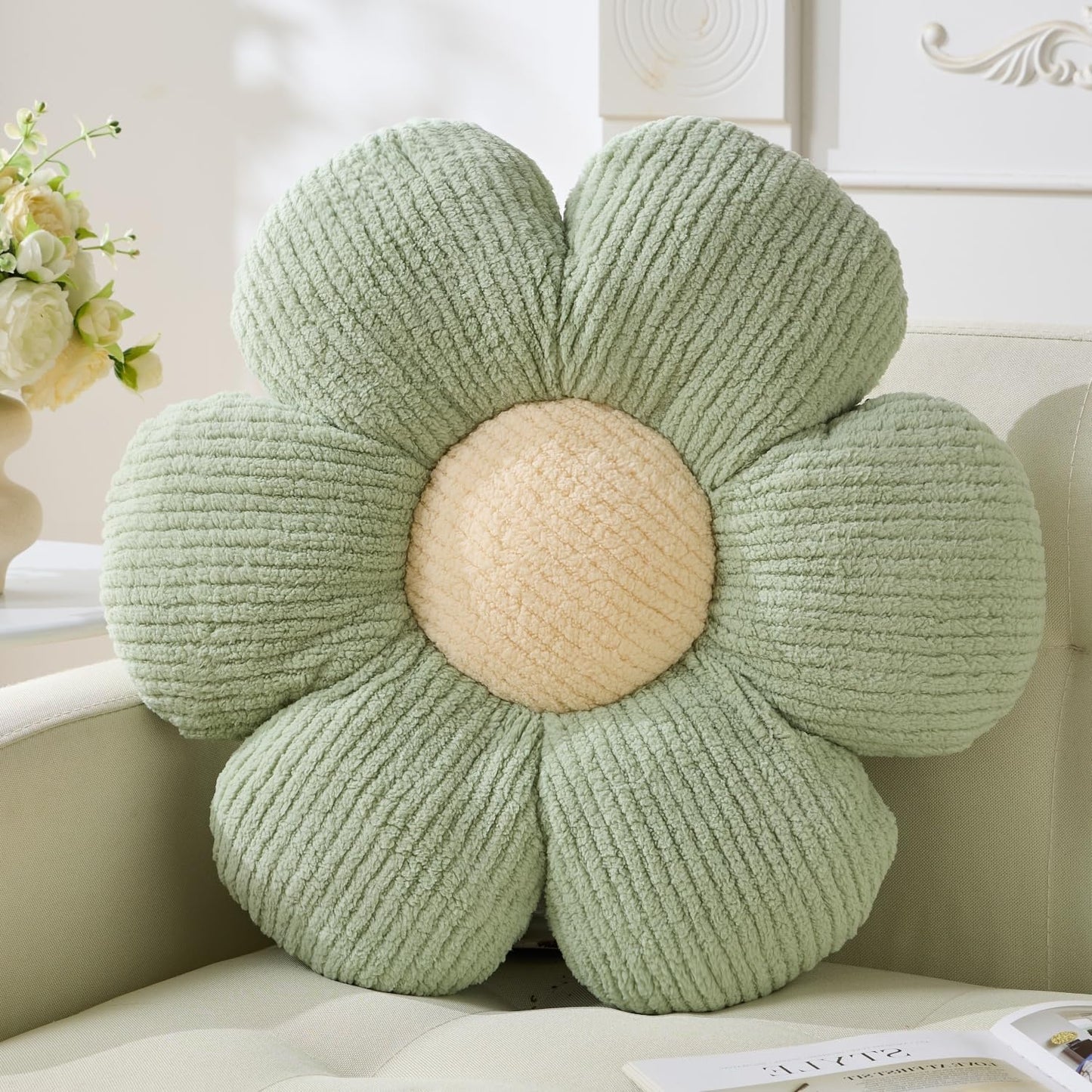 Green Flower Pillow, Cute Daisy Pillow Flower Shaped Cushion 19.6" Floor Pillows Home Decorative Pillows