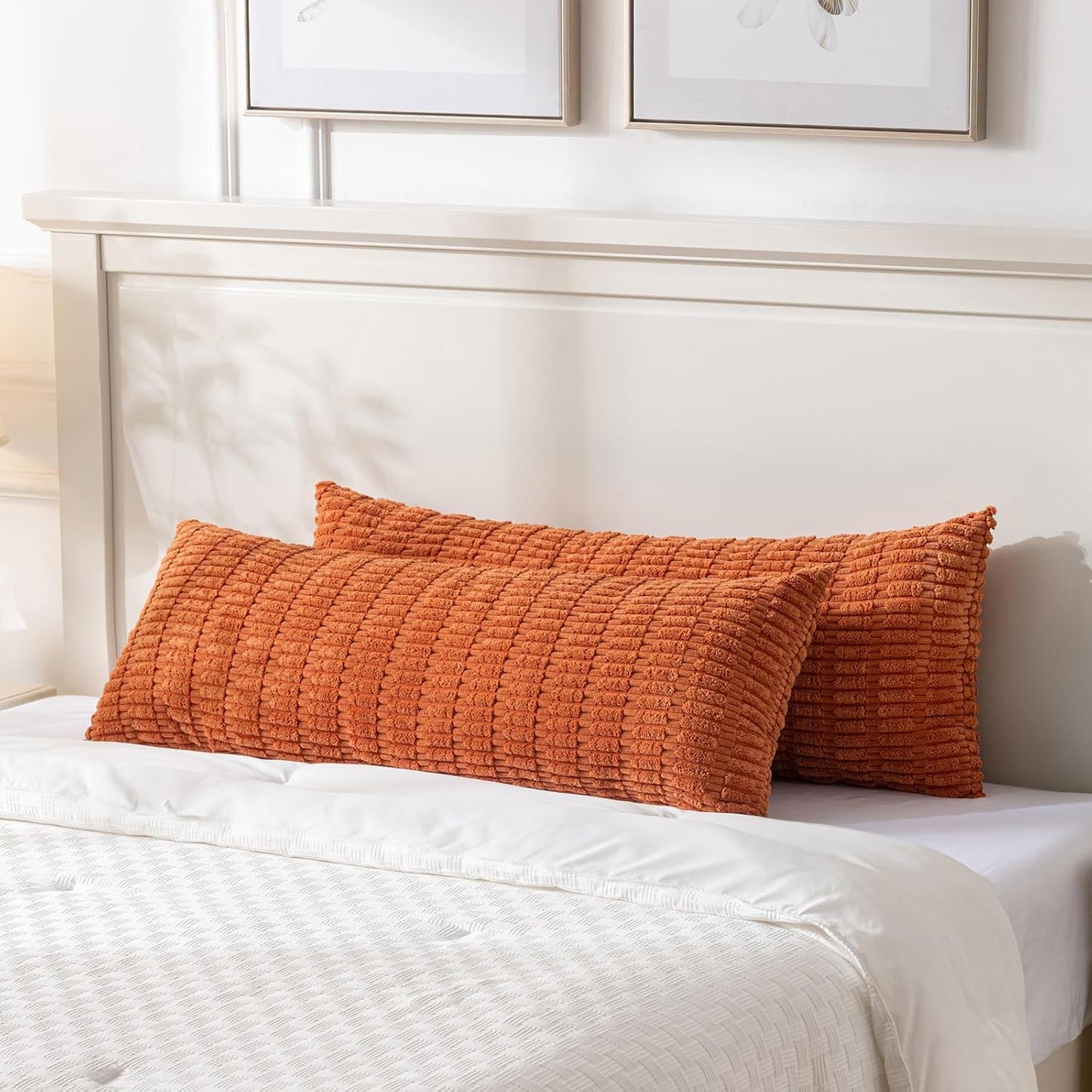 Fancy Homi Burnt Orange Long Body Lumbar Decorative Throw Pillow Cover 20x54 Inch for Bedroom Couch Bed Sofa, Farmhouse Boho Fall Room Decor, Soft Striped Corduroy Rectangle Pillow Case