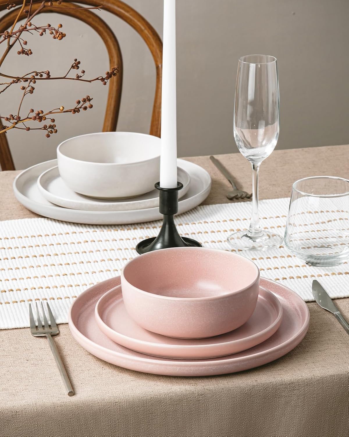 Famiware Milkyway Plates and Bowls Sets, 12 Pieces Dinnerware Sets, Reactive Glaze Dish Set, Stoneware Dishes Set for 4, Matte Beige White & Light Pink