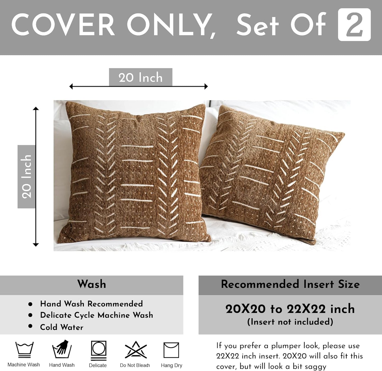 BlissBlush Fall Brown Decorative Throw Pillow Covers 20X20, Set of 2, Boho Farmhouse Cushion Cover, Cozy Soft Accent Pillowcase for Couch Sofa Bed Living Room Home Décor