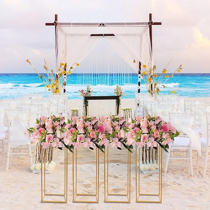 4Pcs 23.62inch Metal Flower Stand for Wedding Centerpieces, Rectangular Geometric Gold Centerpieces Stands for Wedding Decorations, Home Party Event