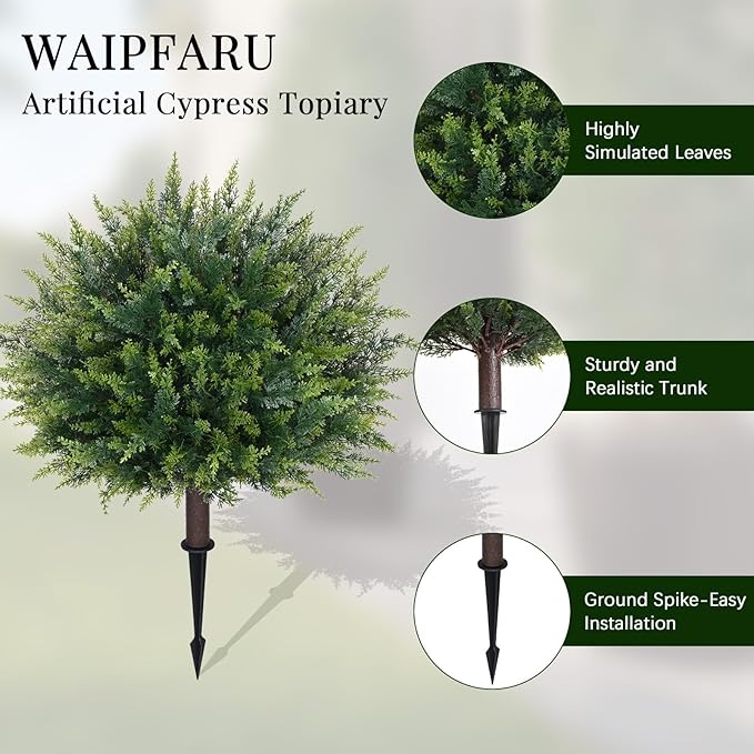 Waipfaru Artificial Plants Outdoor, 2Pcs 23'' Artificial Cedar Topiary with Ground Spike, UV-Resistant Fake Plants Fake Bushes for Christmas Outdoor Indoor Garden Front Porch Decor