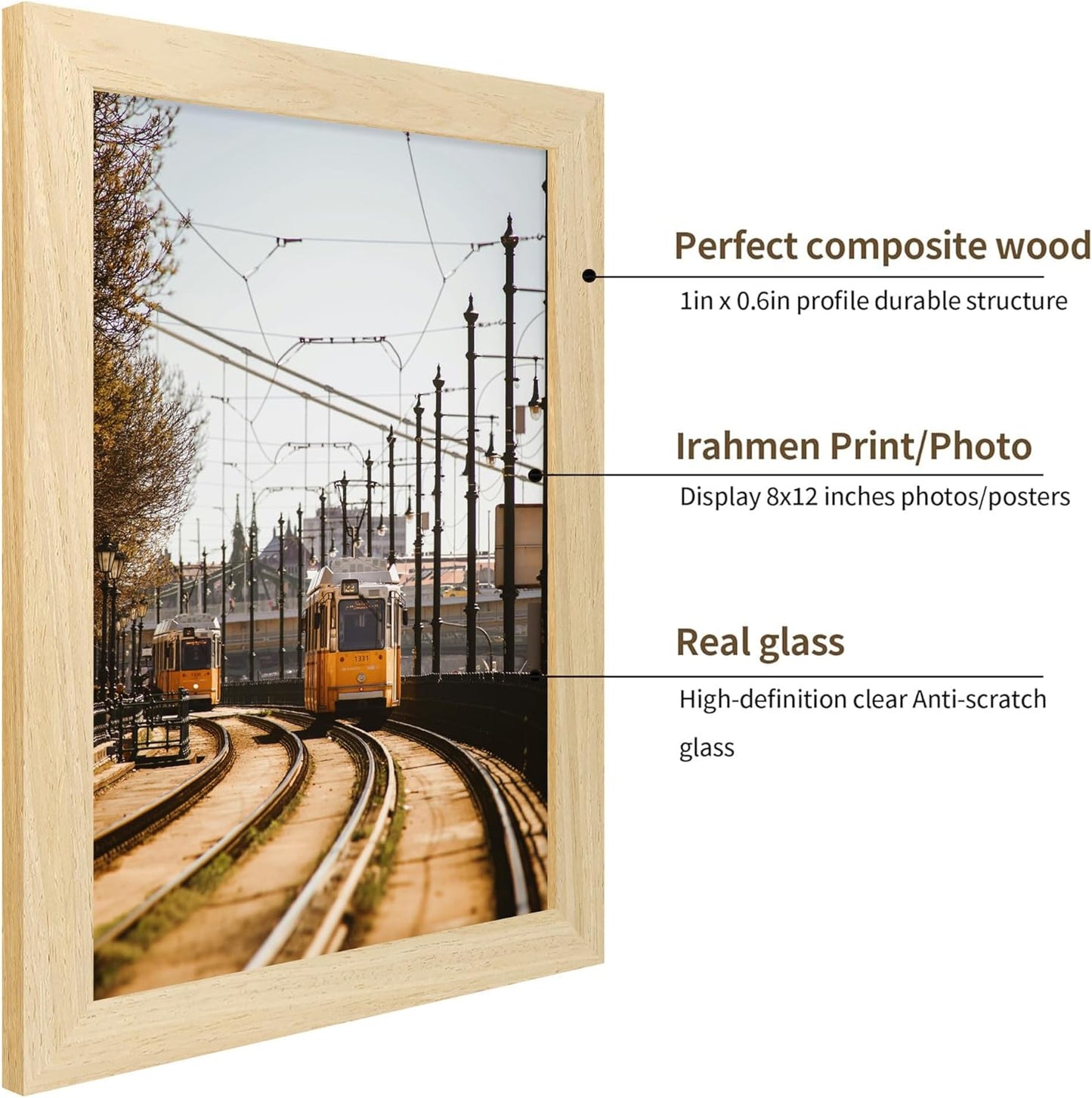 iRahmen 8x12 Picture Frame Set of 2, Wood Photo Frame with HD Glass - Display Picture 6x8 with Mat or 8 x 12 without Mat for Horizontal or Vertical Tabletop and Wall Mounting
