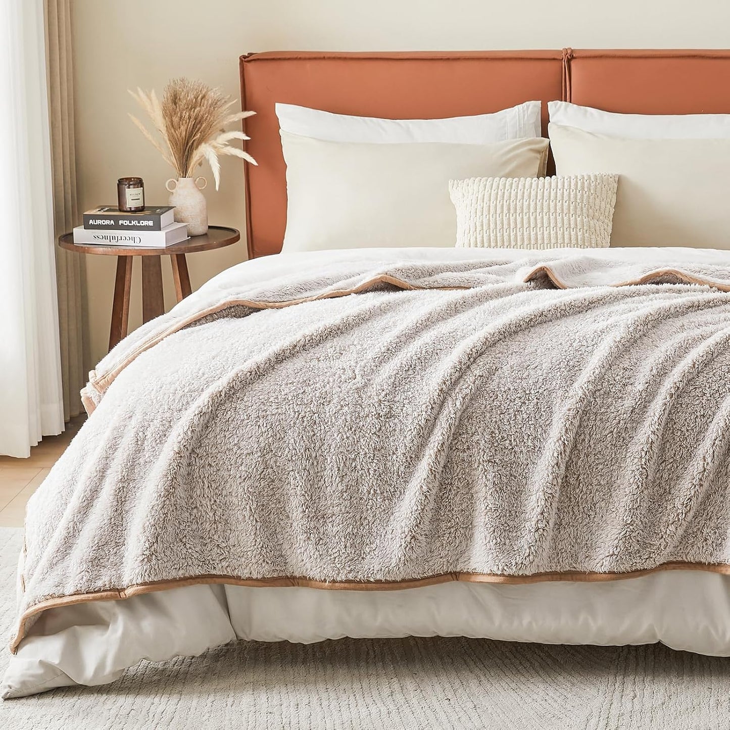 EMME Soft Sherpa Fleece Blanket Reversible Plush Fluffy Large Blanket, Light Weight Warm Decorative Boho Blanket Cover for Sofa, Couch, Bedroom,Travel(Plush Khaki,60"x80")