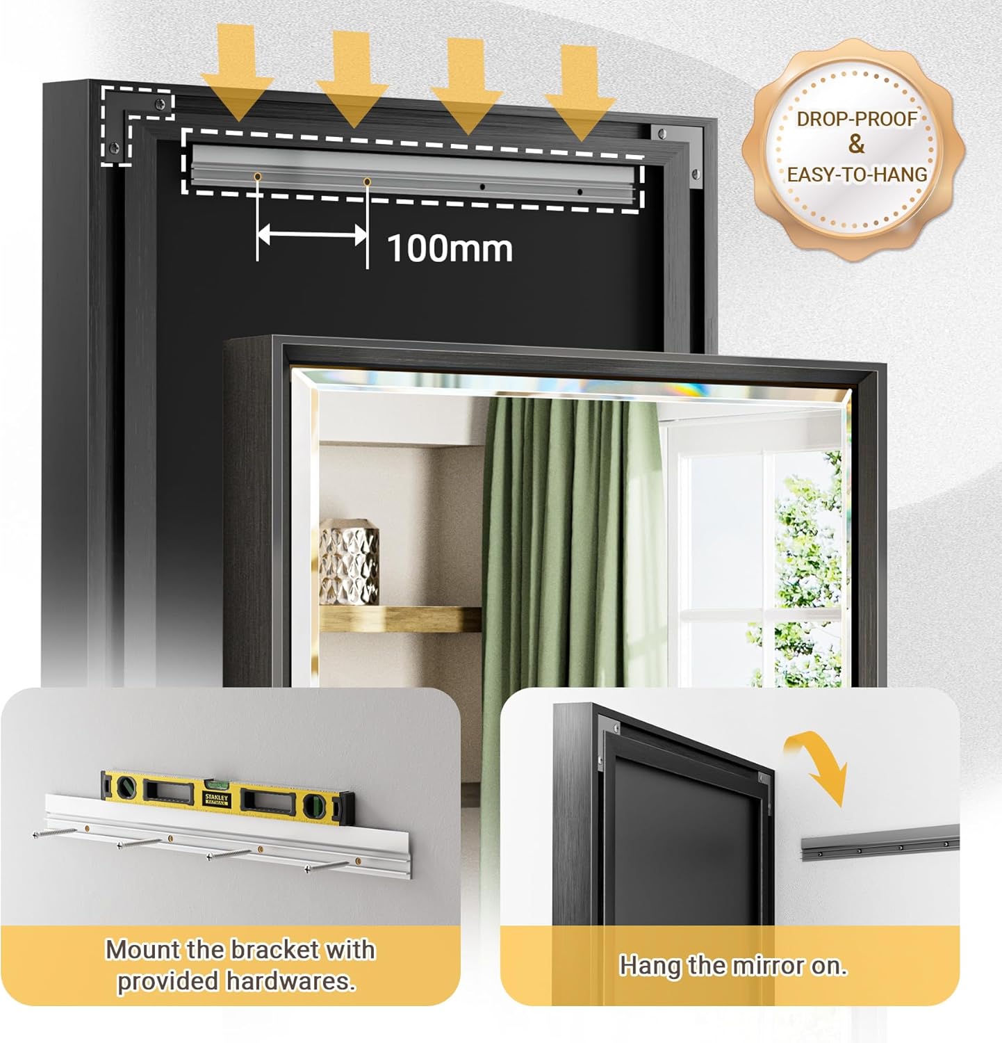 Black Framed Mirror for Bathroom 36x36 Inch Square Beveled Bathroom Mirror, Matte Black Metal Frame Bathroom Mirror, Shatterproof Black Mirror for Bathroom Wall