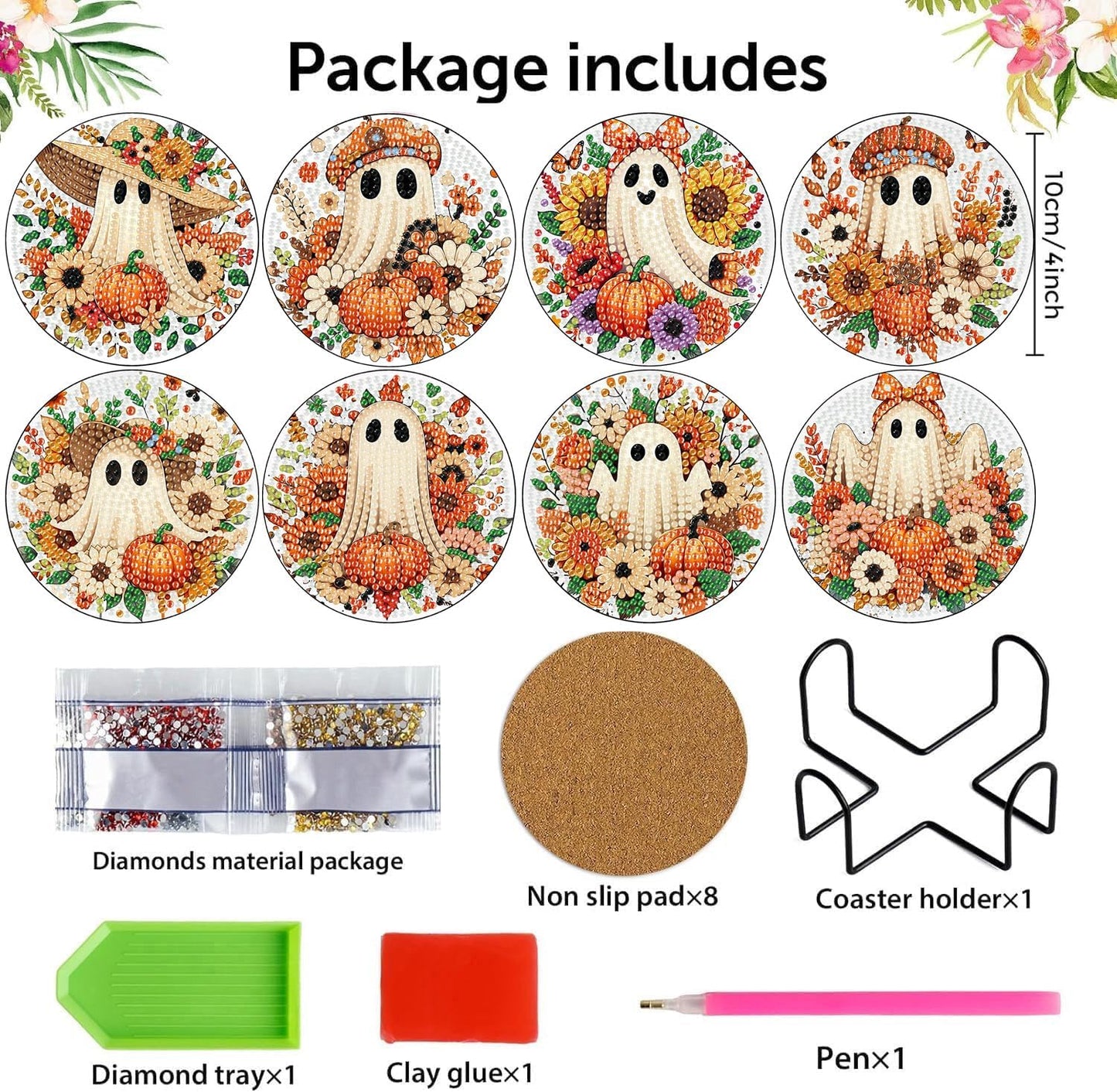 Meothan 8 Pcs Halloween Diamond Art Coasters Kits for Adults with Holder Cork Pads, Fall Diamond Dots Art Painting Coasters Crafts Kit for Home Office Decor (Ghost Theme)