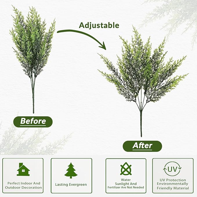 Waipfaru 24 Bundles Cedar Artificial Plants Outdoor， UV Resistant Artificial Plants，Fake Plants for Outdoor Christmas Porch Decor Lifelike Fake Bushes Plants for Home Farmhouse Yard Decorations