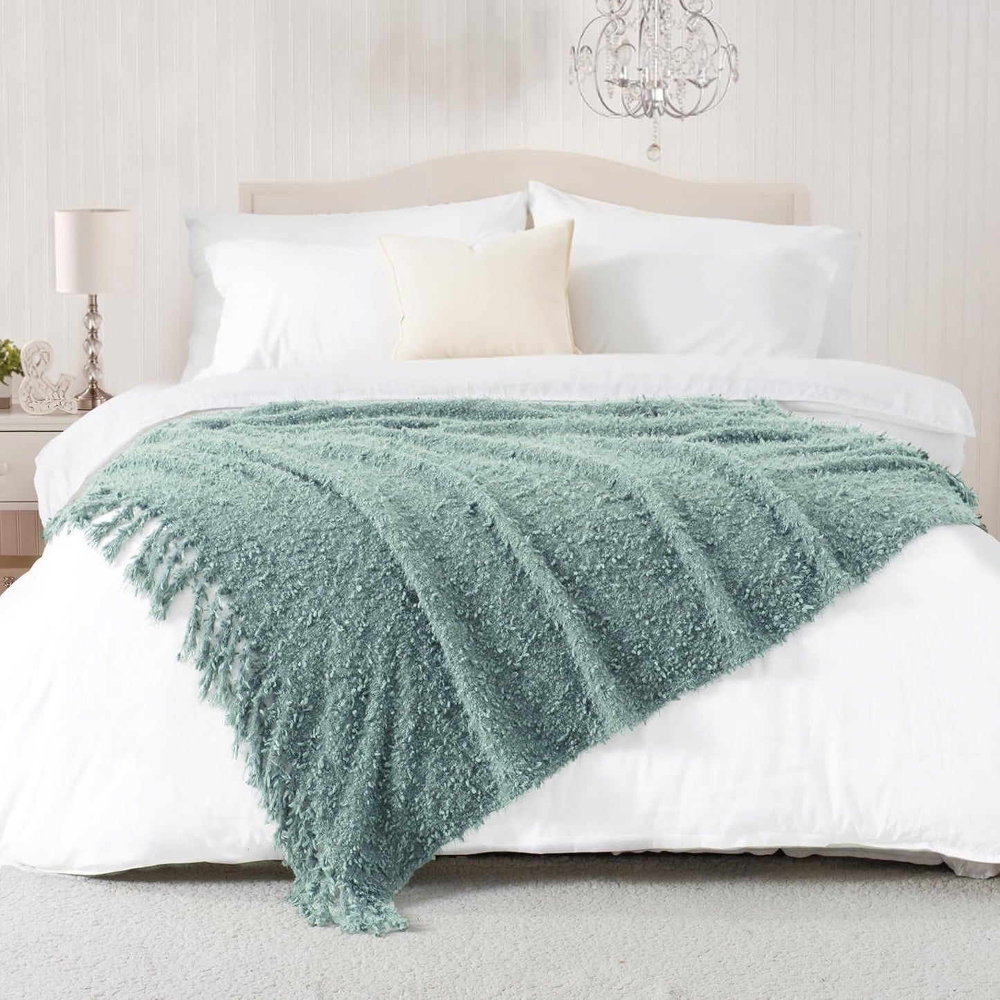 Knit Throw Blanket Fluffy Fuzzy Soft Lightweight Cozy Farmhouse Tassels Chunky Knitted Throws for Couch Sofa Bed (Sage Green, 60"x80")