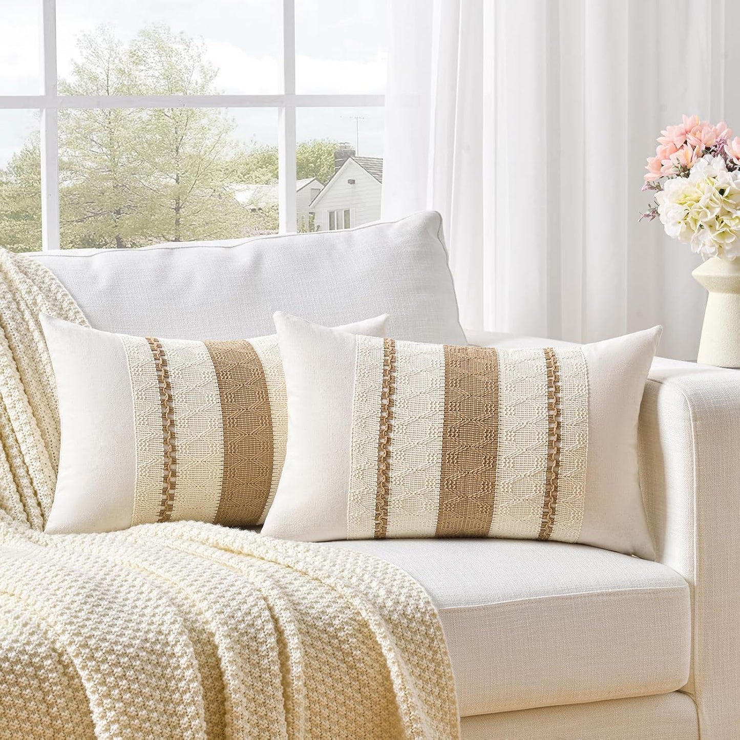 Fancy Homi Set of 1 Neutral Tan Lumbar Decorative Throw Pillow Cover 12x20 Inch for Couch Bed Sofa Chair, Modern Organic Farmhouse Boho Home Decor, Soft Cotton Cute Accent Taupe Rectangle Cushion Case