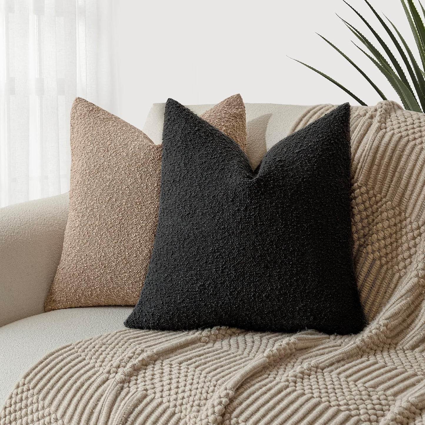 Foindtower Decorative Textured Boucle Throw Pillow Covers Accent Solid Pillow Cases Neutral Soft Cozy Couch Cushion Case for Chair Sofa Bedroom Living Room Home Decor 22 x 22 Inch,Black
