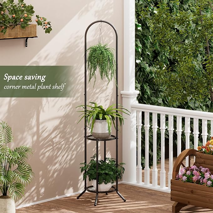 2-tier Hanging Plant Stand Indoor and Outdoor, Space-Saving Iron Plant Shelf, 3 Potted Flower Pot Stand ,Planter Holder for Bedroom Balcony Living Room Patio Garden( n-style)