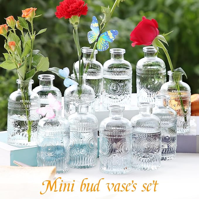 Glass Bud Vases in Bulk,Small Glass Vases for Flowers as Wedding Centerpieces for Tables,Clear Flower Vases Suitble for Wedding Decorations,Home Decor (Clear, 12 pcs)