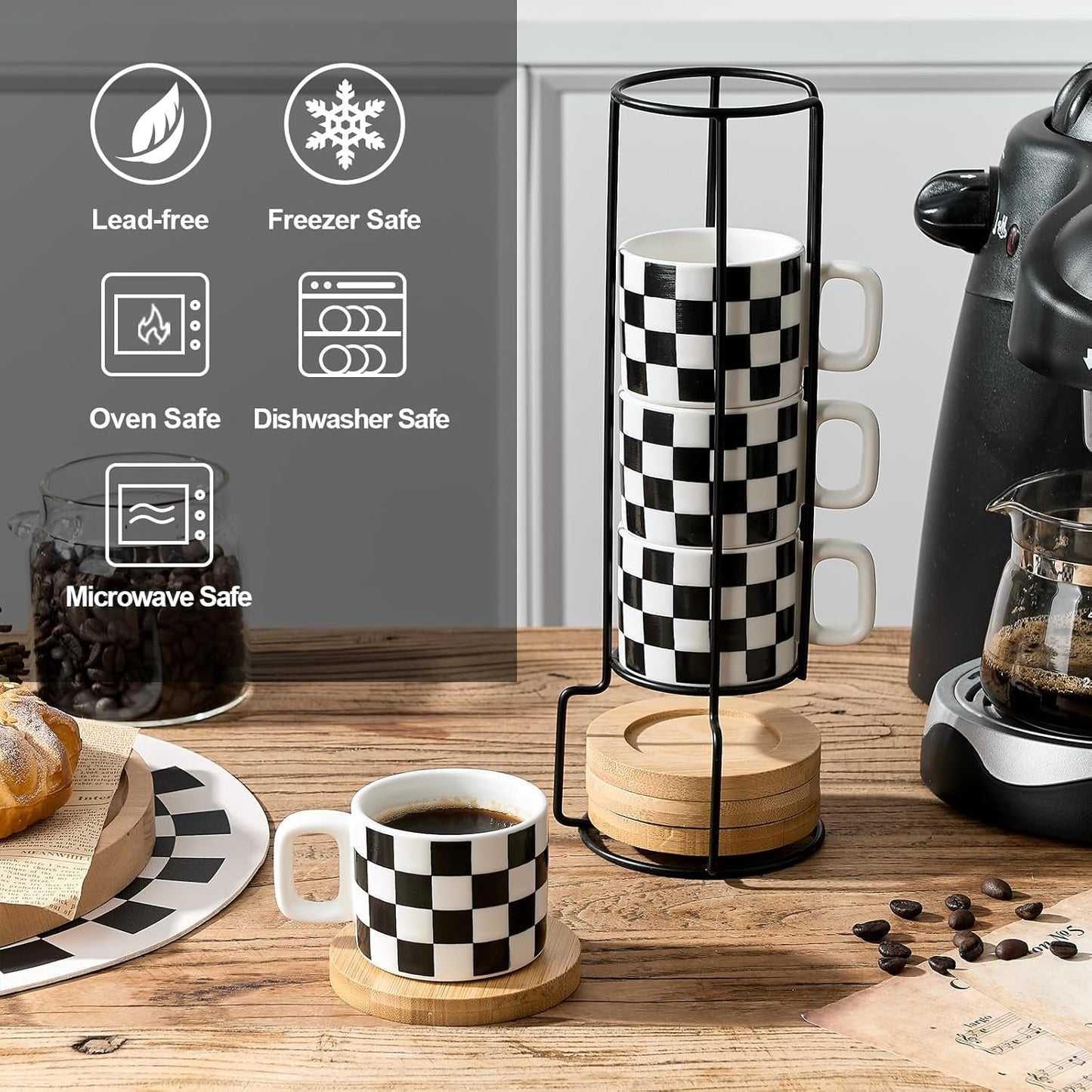 LUKA Porcelain Stackable Black and White Checkered Espresso Cups with Saucers and Metal Stand, 4 Ounce Small Ceramic Demitasse Cups Set for Coffee Drinks, Latte, Tea - Set of 4, White Interior