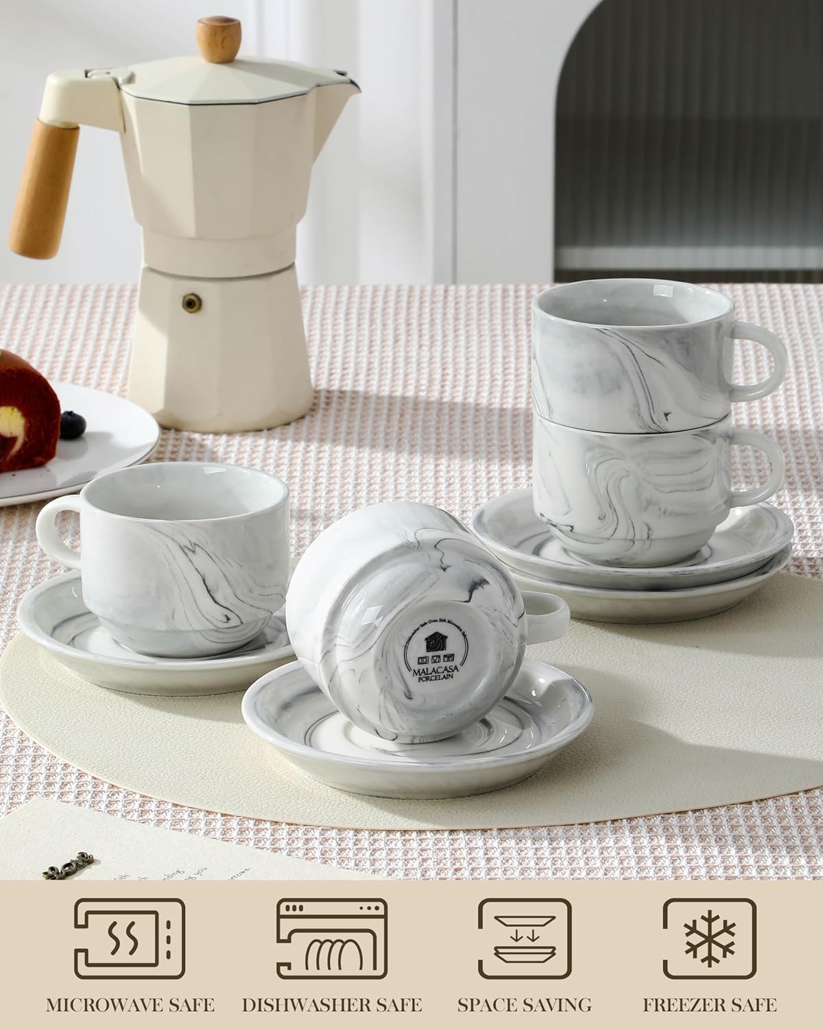 MALACASA 8 OZ Porcelain Espresso Cups with Saucers and Metal Stand Set of 4, Stackable Cappuccino Cups, Marble Gray Expresso Shots Cup Set for Coffee Drinks, Latte, Tea