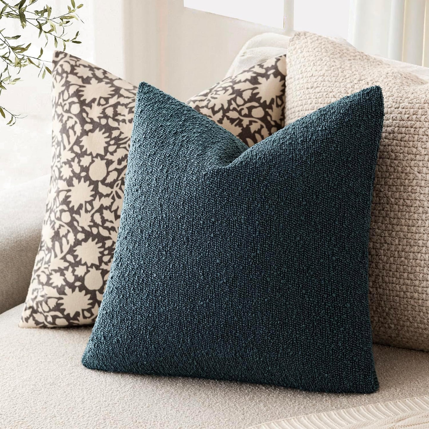 Foindtower Set of 2, Decorative Textured Boucle Throw Pillow Covers Accent Solid Pillow Cases Neutral Couch Cushion Case for Chair Sofa Bedroom Living Room Home Decor 26x26 Inch Dark Blue