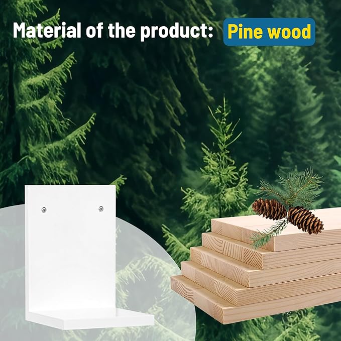 PHOENANCEE Small Wall Shelf Modern,Wooden Mini Floating Shelves,Indoor Wall Mounted Plants Shelf L Shaped,Midcentury Display Decorative Holder for Gallery Living Room Bedroom Porch,Pine,4 Pack(White)