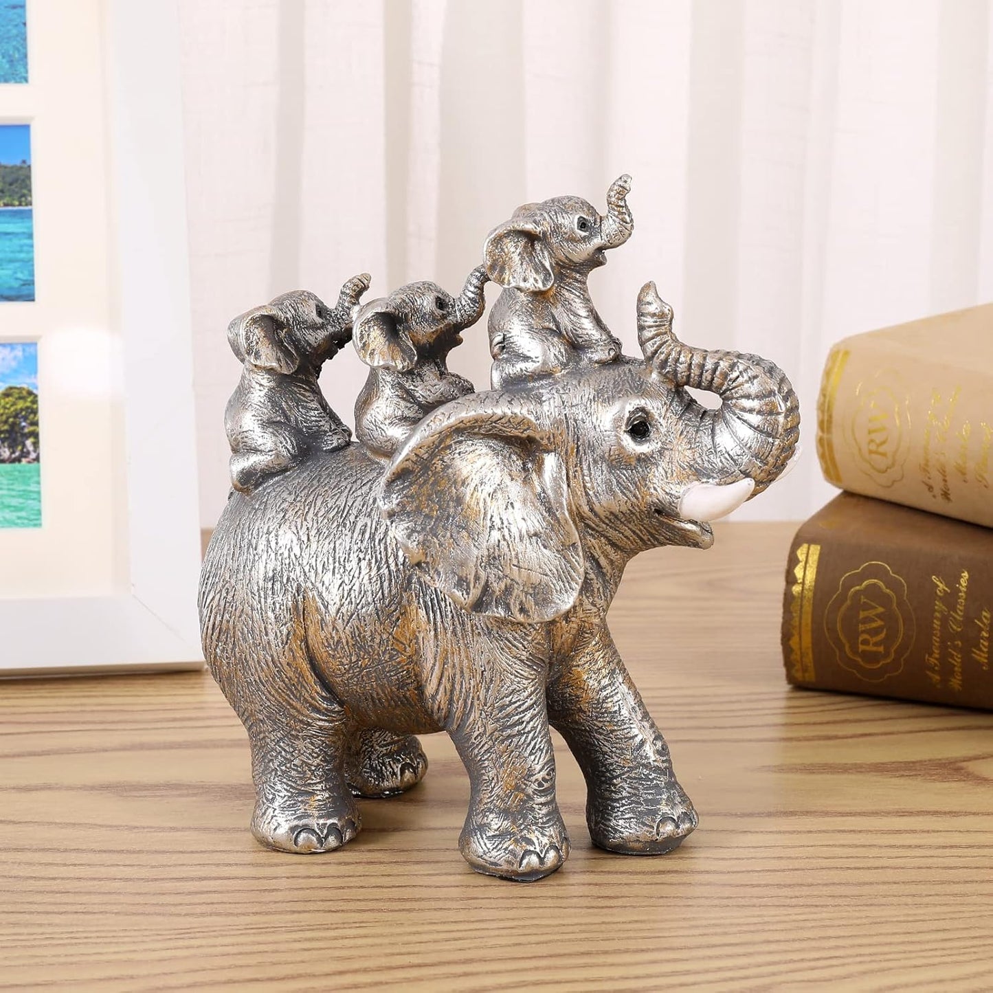 Cute Silver Elephant Statue Good Luck Elephant Carries Three Calves on Its Back Figurines Décor for Shelf Good Gifts for Women Decoration for Living Room, Bedroom, Office