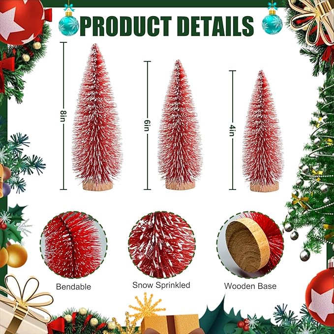 12 Pcs Mini Christmas Tree, Tabletop Christmas Tree with Wooden Bases Artificial Mini Tree with 3 Sizes Christmas Table Decor Bottle Brush Trees for Christmas Decorations (Red)