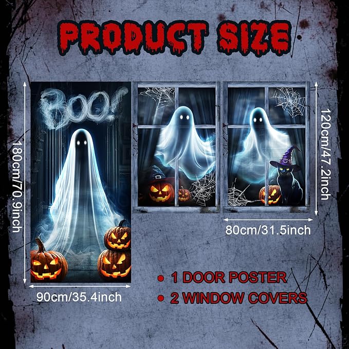 Tioncy 3 Pcs Halloween Window Door Covers Decorations Set Ghost Scary Halloween Window Curtains Boo Spider Web Pumpkin Pattern Banner Porch Indoor Outdoor Decoration