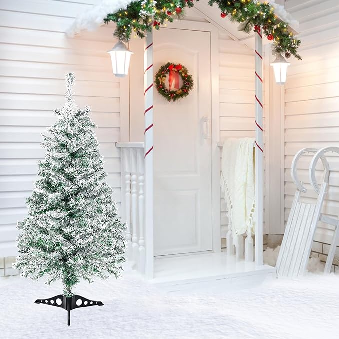 3FT Artificial Christmas Tree Green Tabletop Christmas Tree with Snow Flocked Mini Xmas Pine Tree with Plastic Stand for Indoor Outdoor Holiday Home Decoration