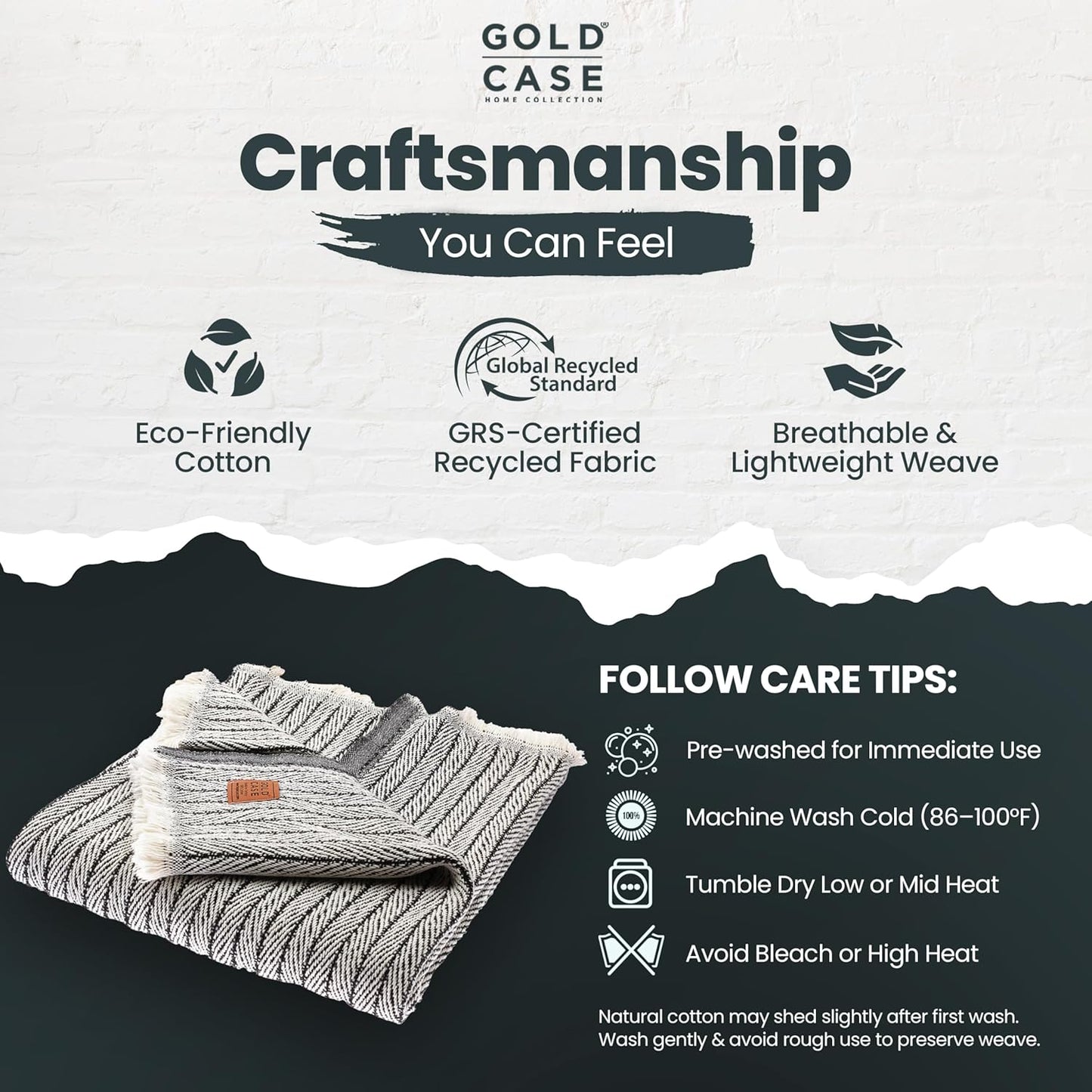 Gold Case Throw Blanket for Couch - 100% Recycled Turkish Cotton Blankets & Throws - Vintage Soft Throw Blankets for Living Room - Boho Decorative Woven Couch Blanket - 60x80 - Black