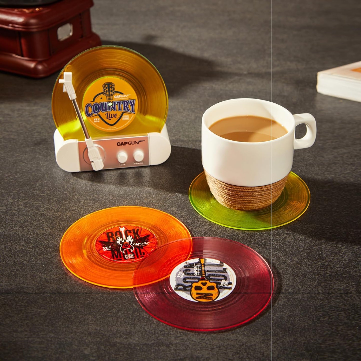 Funny Retro Vinyl Record Coasters, Creative Drink Coasters Set of 6 with Vinyl Record Player Holder for Music Lovers, Housewarming Hostess Gifts (6, V4)