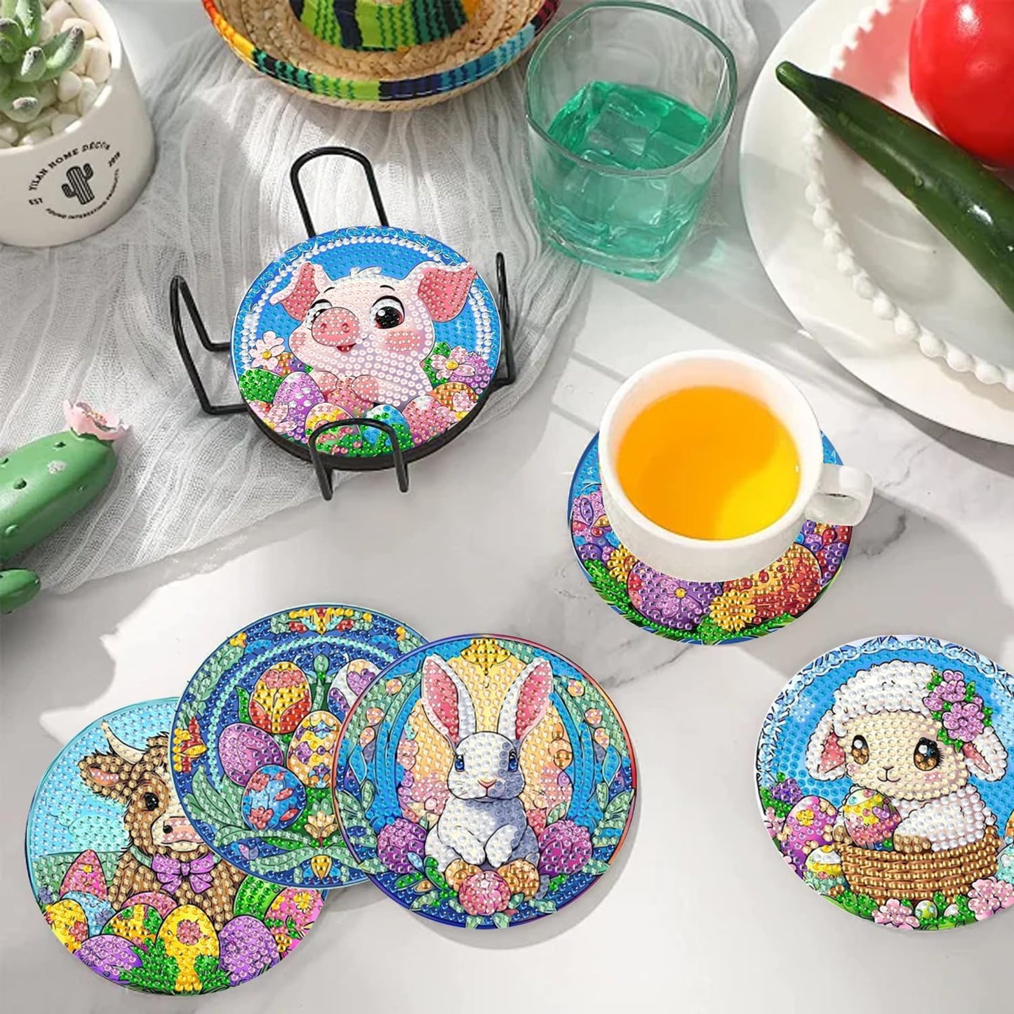 DOZEEZOP 6 PCS Diamond Art Coasters Kit, Diamond Painting Coasters with Holder, Fall Diamond Art Kits for Adults Beginners, Arts and Crafts Supplies Party Item Sets Cute Animals