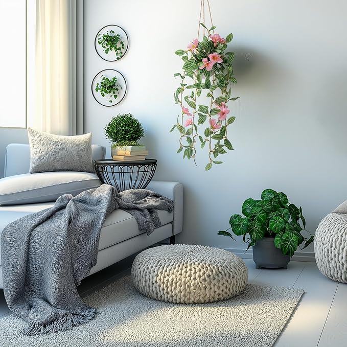 2PCS Artificial Hanging Plant with Pot Faux Hanging Plants Small Hanging Plants Pot with Artificial Vines and Flower Greenery Decoration for Living Room Wall Home Wall Shelf (Stripe Pink)