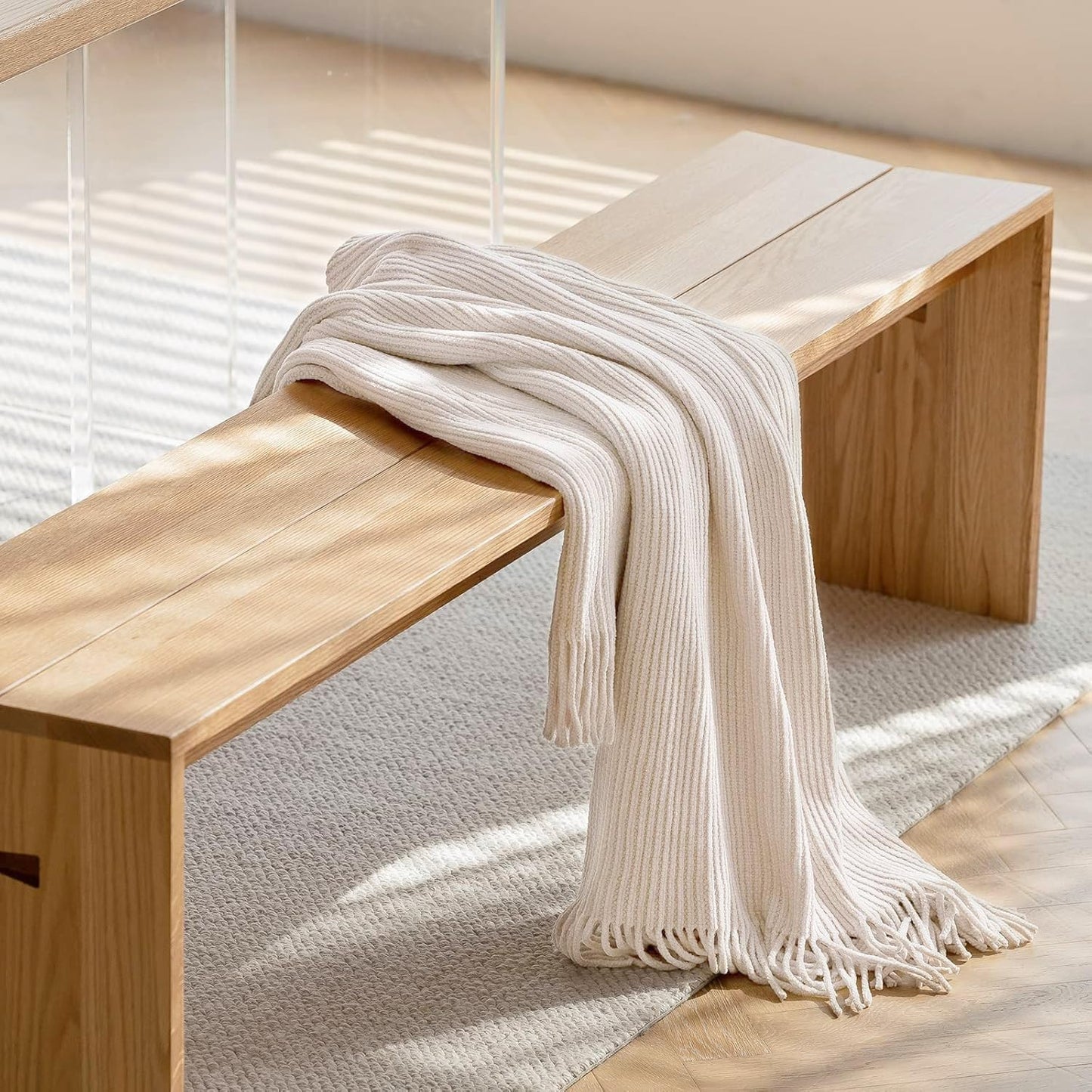 lifein Throw Blanket for Couch, Soft Boho Decor Bed Throw,Cozy Blue Chenille Knitted Small Farmhouse Lightweight Throw for Autumn(White,50 * 60")