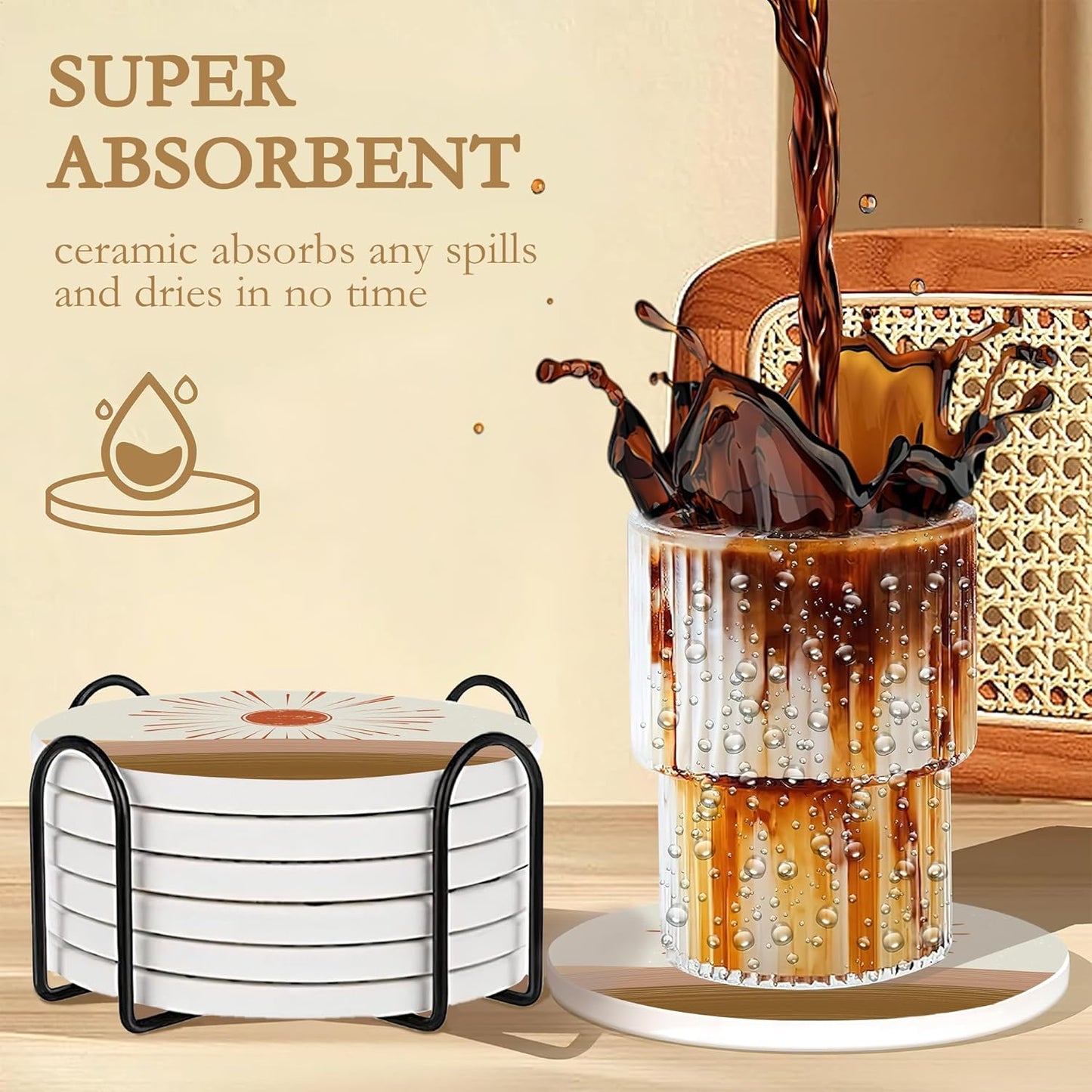 Drink Coasters with Holder,6 Pcs Japanese Style Sun Landscape Coffee Cup Mat with Storage Holder, Durable Ceramic Coaster Set for Hot & Cold Beverages