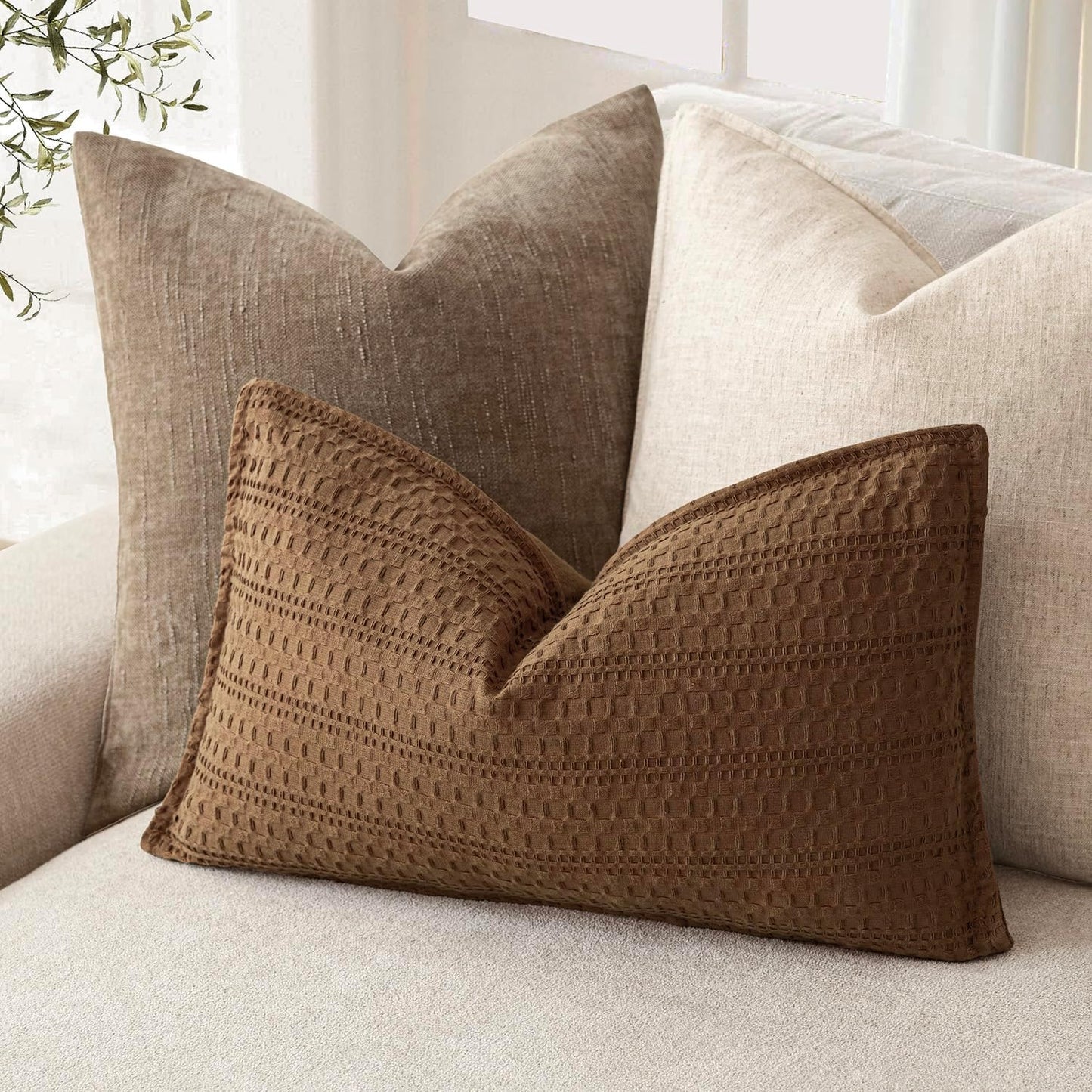 Foindtower Set of 2 Decorative Cotton Waffle Weave Lumbar Throw Pillow Covers Euro Shams Cushion Covers Accent European Pillowcase for Bed Couch Bedroom Living Room Home Decor 12×20 Inch Orange Brown