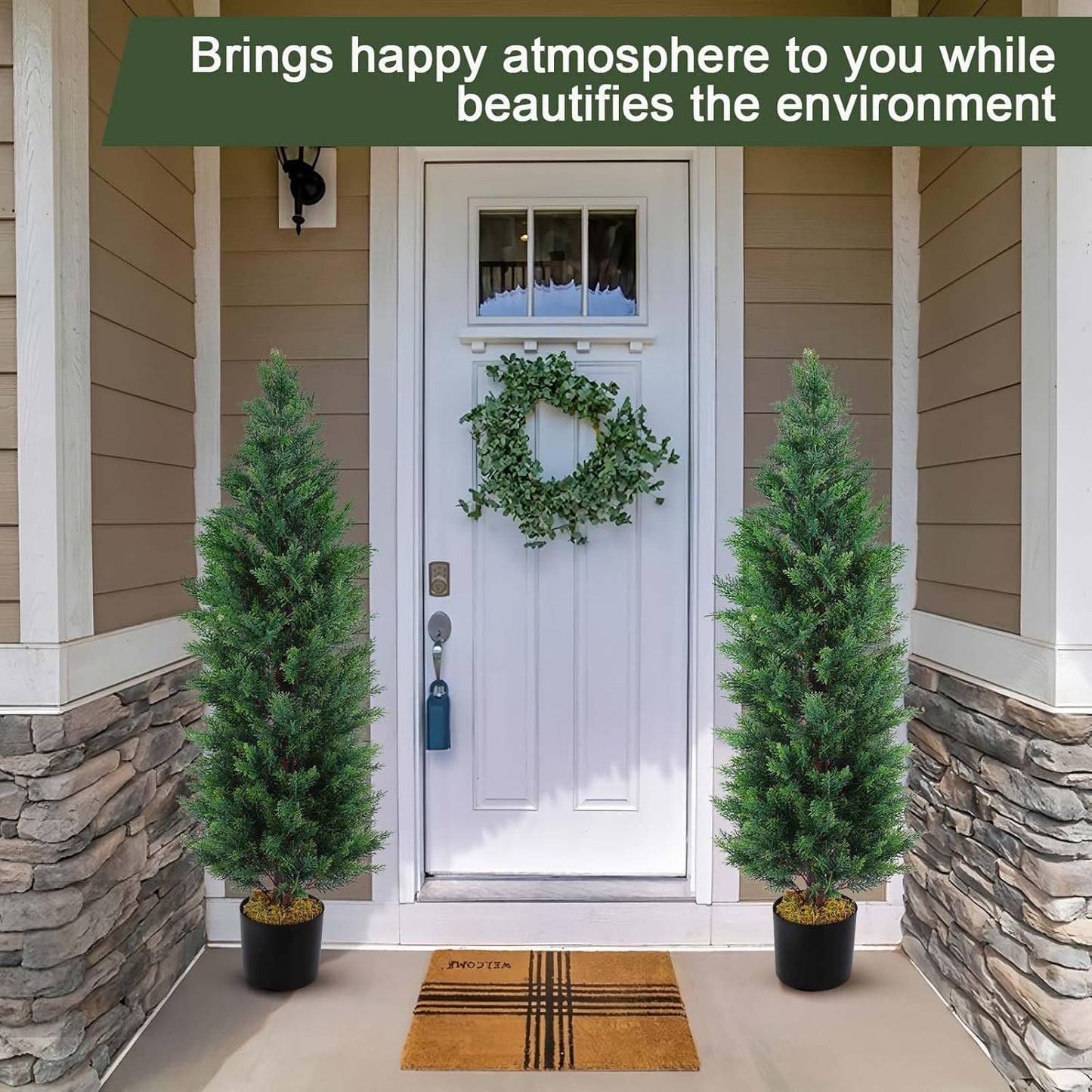 Hananona 2 Pcs 4 Ft Artificial Topiary Cedar Trees, Outdoor Faux Pine Shrubs, Realistic Fake Greenery Plants UV Resistant Cypress Trees for Christmas Porch Front Door Decor (2, Green, 4 Ft)