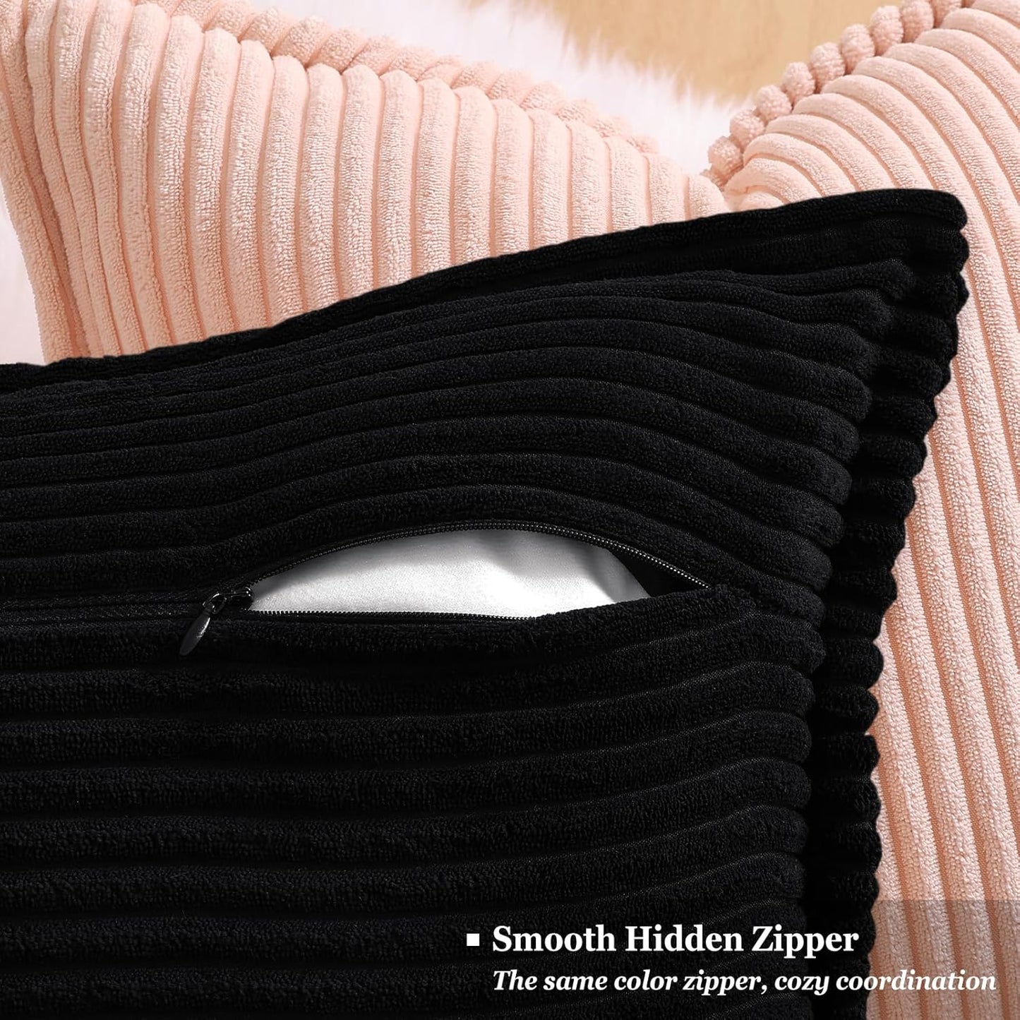 decorUhome Corduroy Black Throw Pillow Covers 26x26 Set of 2 Decorative Soft Boho Farmhouse Euro Couch Pillow Covers for Living Room Bed Sofa Broadside Striped Pillow Cases