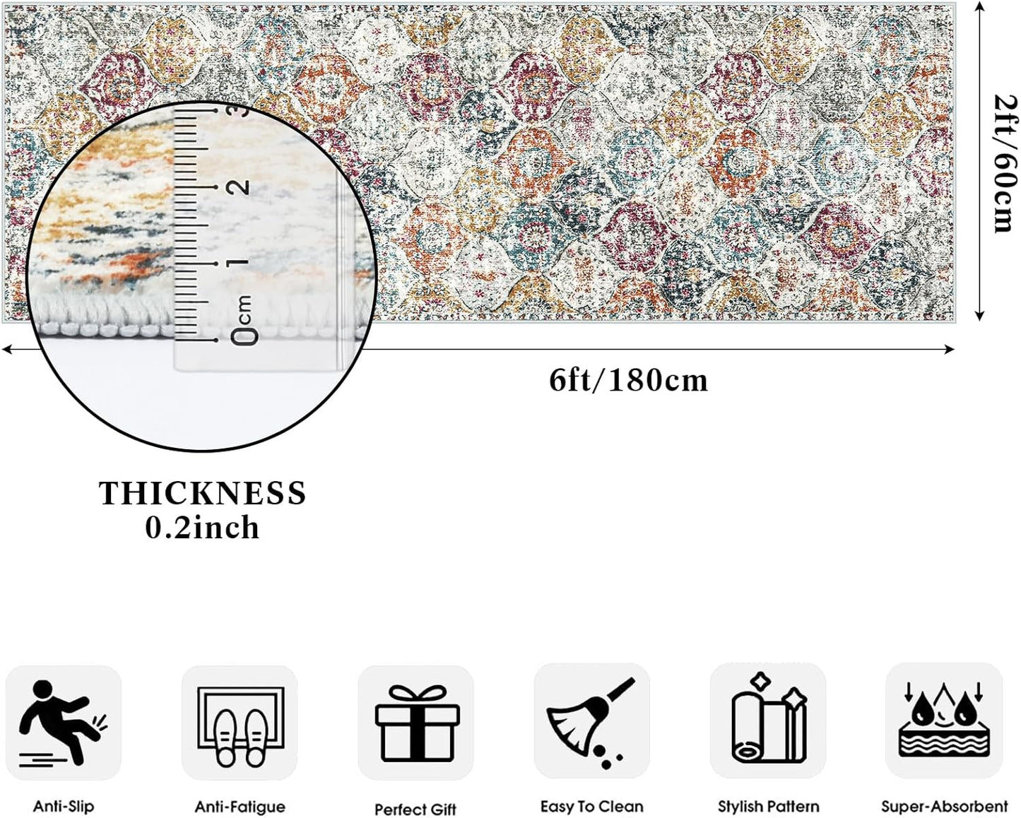 Lahome Moroccan Trellis Hallway Runner Rug, 2x6 Kitchen Runner Rugs Non Skid Washable, Vintage Laundry Room Rug Ultra-Thin Long Carpet for Bathroom Bedroom Entryway, Aqua/Multi